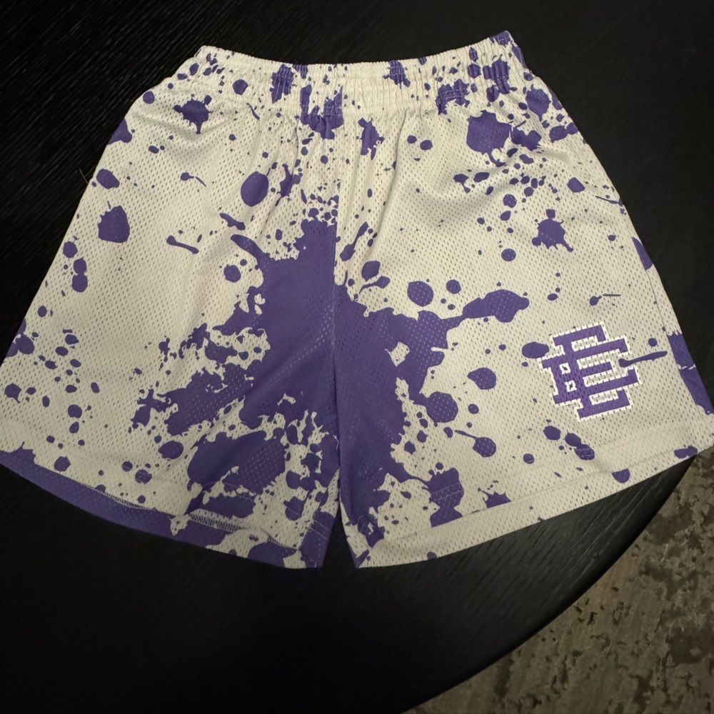 Rare Eric Emanuel Purple and White Paint Splatter Shorts XL